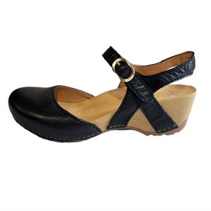 Dansko Black Leather Mules with Tan Wedge